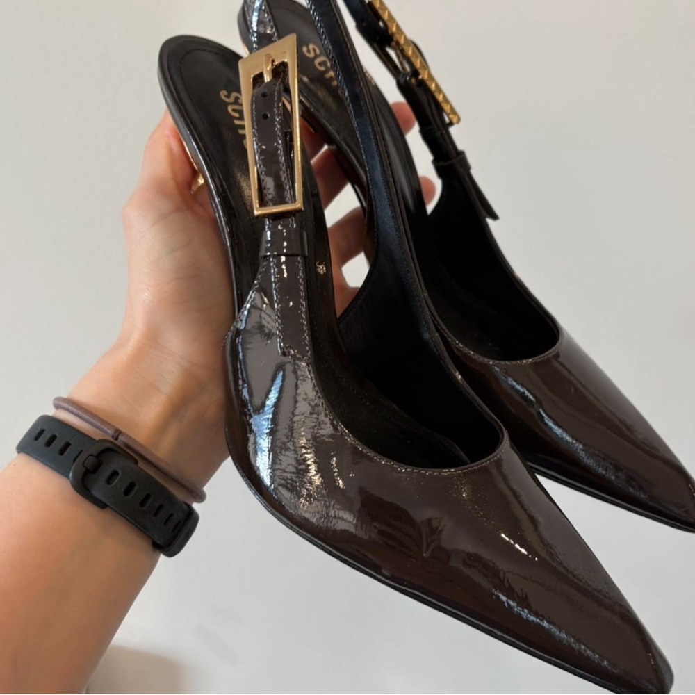 Schutz chocolate brown Patent Leather Slingback Pumps with Gold Heel Sz 8 - Picture 4 of 7